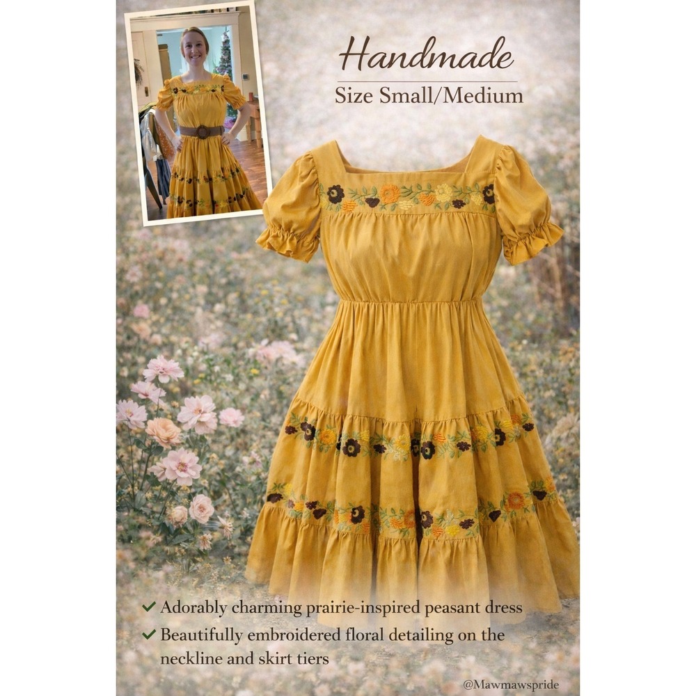 Handmade Mustard Yellow Floral Embroidered Prairie Peasant Tiered Dress S M